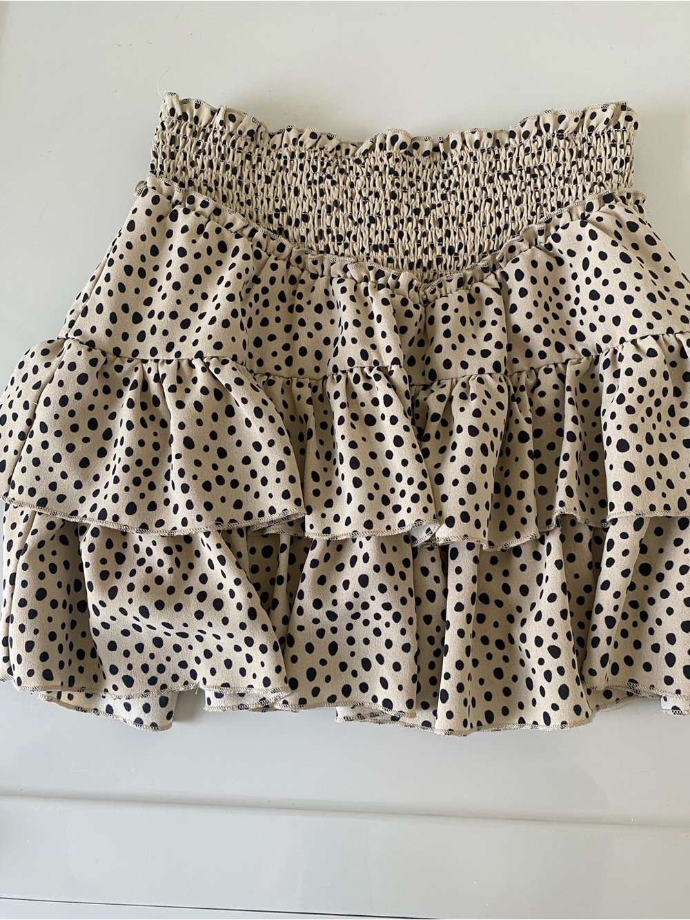 Smocked Waist Beige Polka Dot Ruffle Skirt